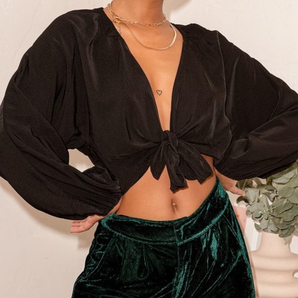 Lulu’s Tie To Remember Black Tie-Front Long Sleeve Top - Picture 3 of 7